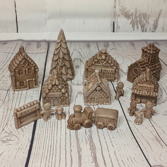 Miniature Village Figurine 16pc Set Ceramic Building Tree People Train Cat Dog - Picture 1 of 16